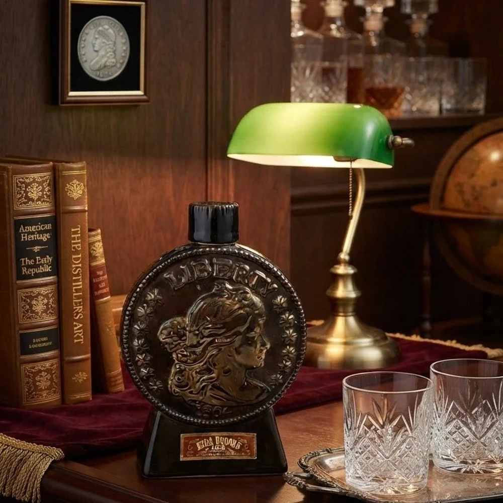 Vintage 1969 Ezra Brooks Liberty Silver Dollar Decanter Heritage China Black